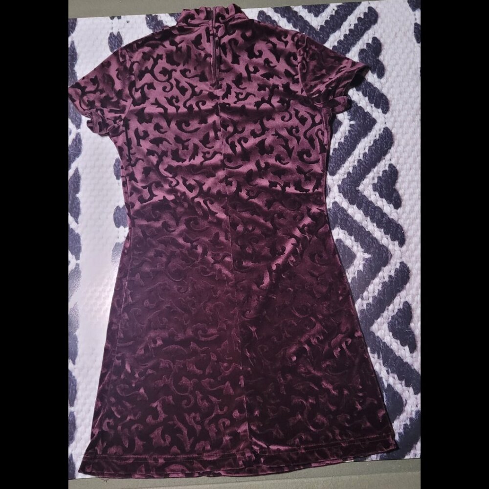 Vintage Cassino Burgundy Faux Velvet Mockneck Dress - Picture 2 of 7